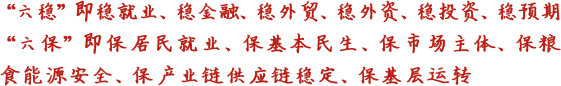 六穩(wěn)即穩(wěn)就業(yè)、穩(wěn)金融、穩(wěn)外貿(mào)、穩(wěn)外資、穩(wěn)投資、穩(wěn)預(yù)期六保即保居民就業(yè)、保基本民生、保市場(chǎng)主體、保糧食能源安全、保產(chǎn)業(yè)鏈供應(yīng)鏈穩(wěn)定、保基層運(yùn)轉(zhuǎn)